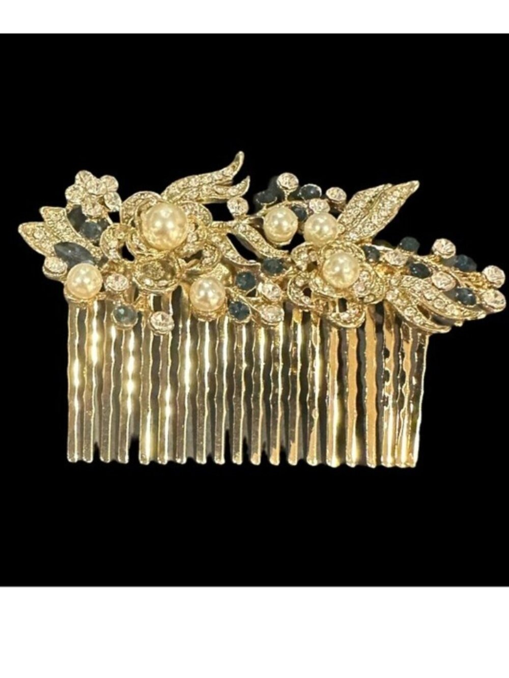 Gold Floral Hair Comb With Faux Pearls and Rhinestones New Womens